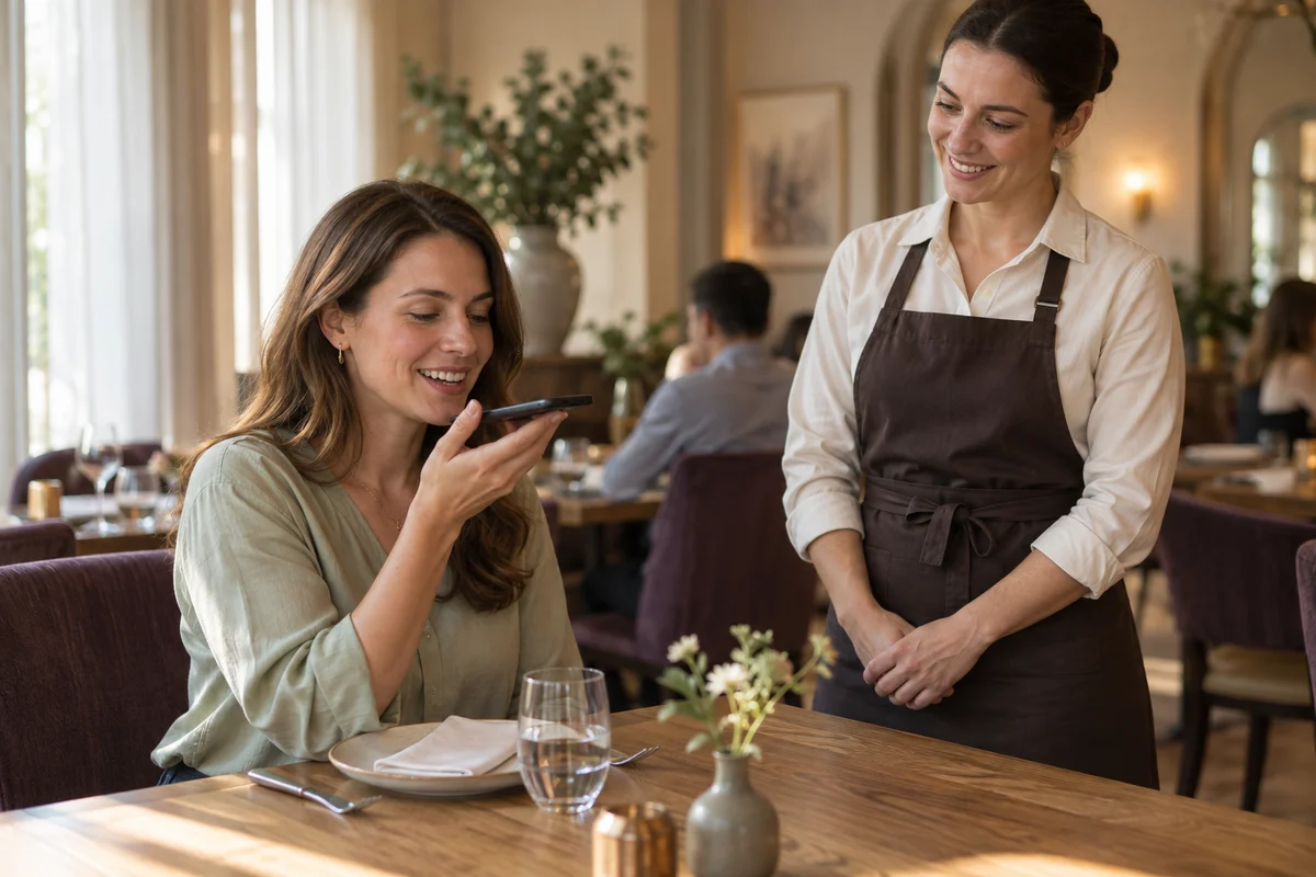 A guest recording voice feedback on her phone with a restaurant staff member standing beside her