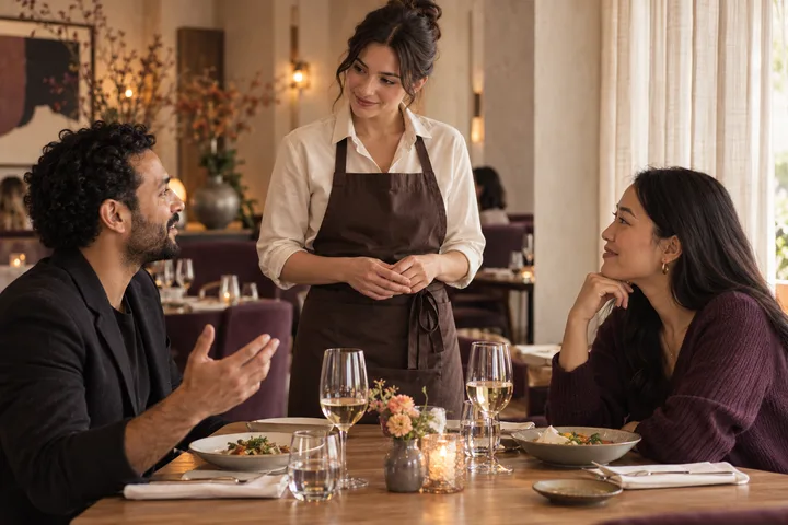 A restaurant team member listening to guests during their visit