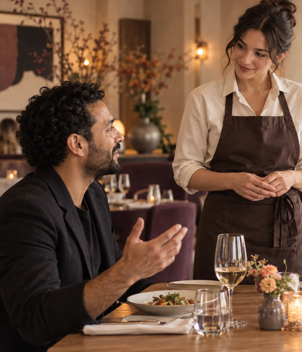 A restaurant server listening attentively as guests share their experience
