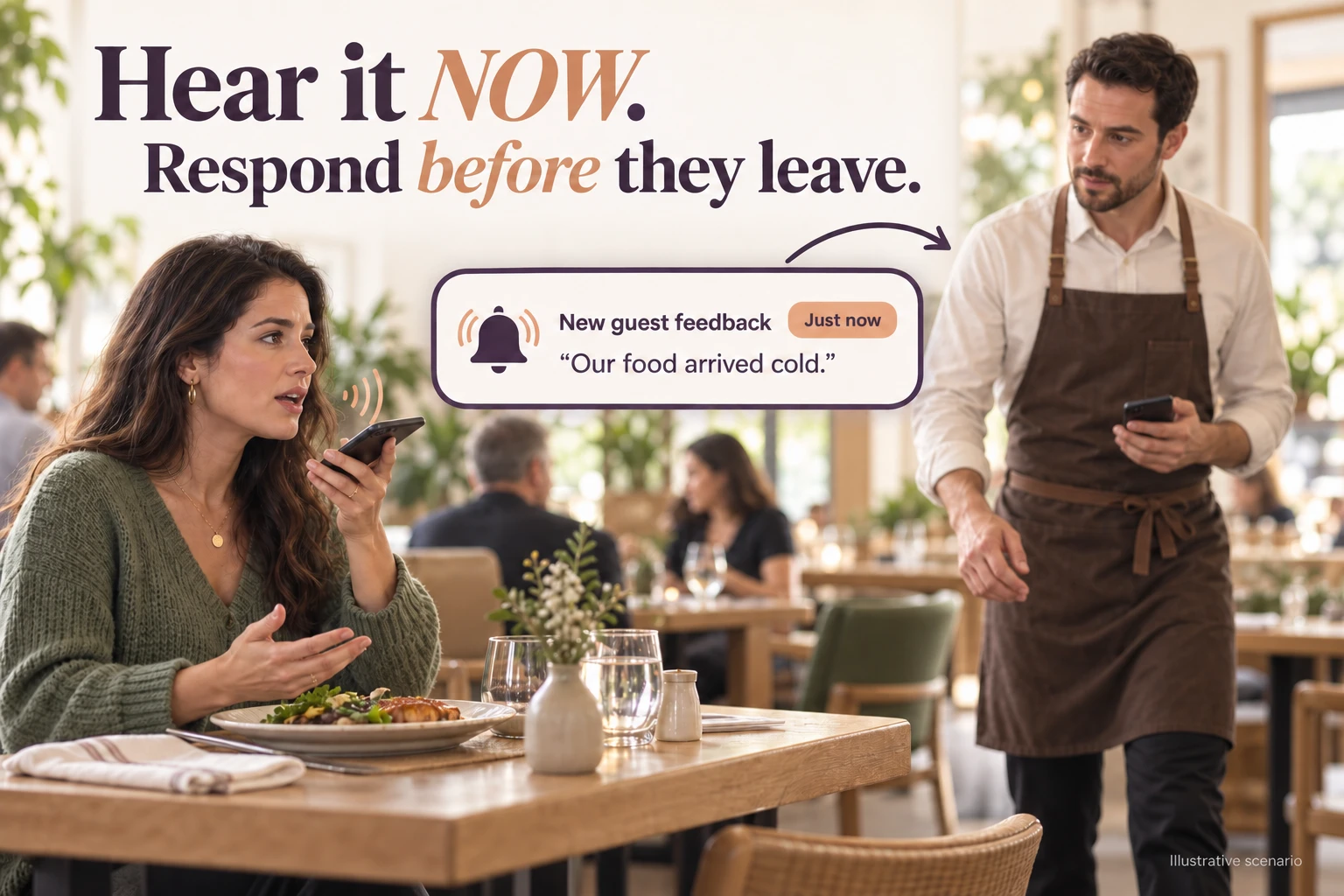 Illustrative scenario: a guest reports cold food and a manager comes to the table to help